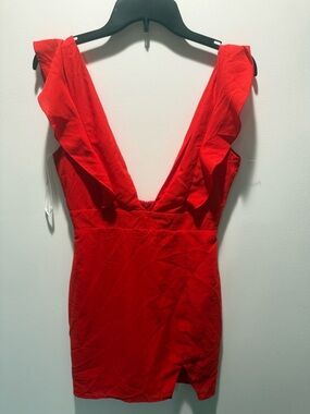 superdown Red Deep V Ruffle Mini Dress